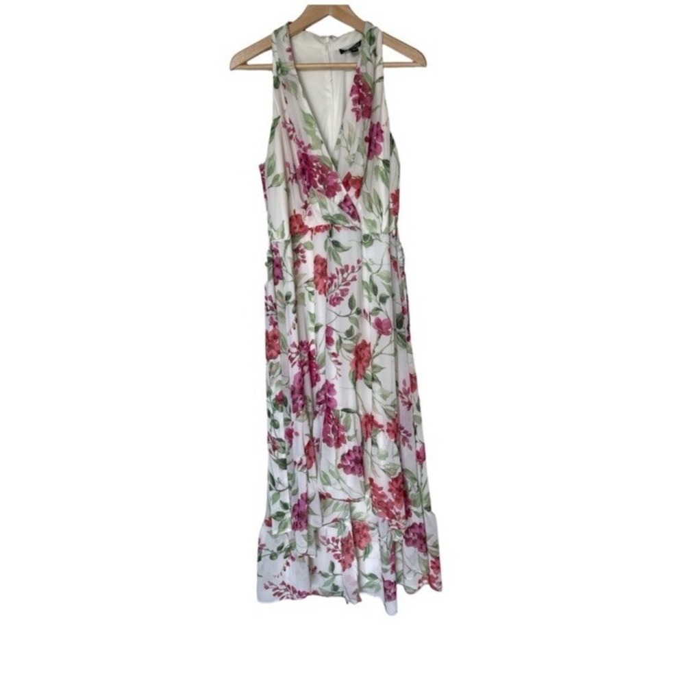 Roz & Ali Floral Maxi Dress Womens 16 White Pink Halter Surplice High-Low Ruffle